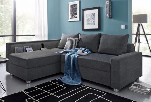 Ecksofa Schlafsofa L-Form inklusive Bettfunktion, Federkern LED Beleuchtung